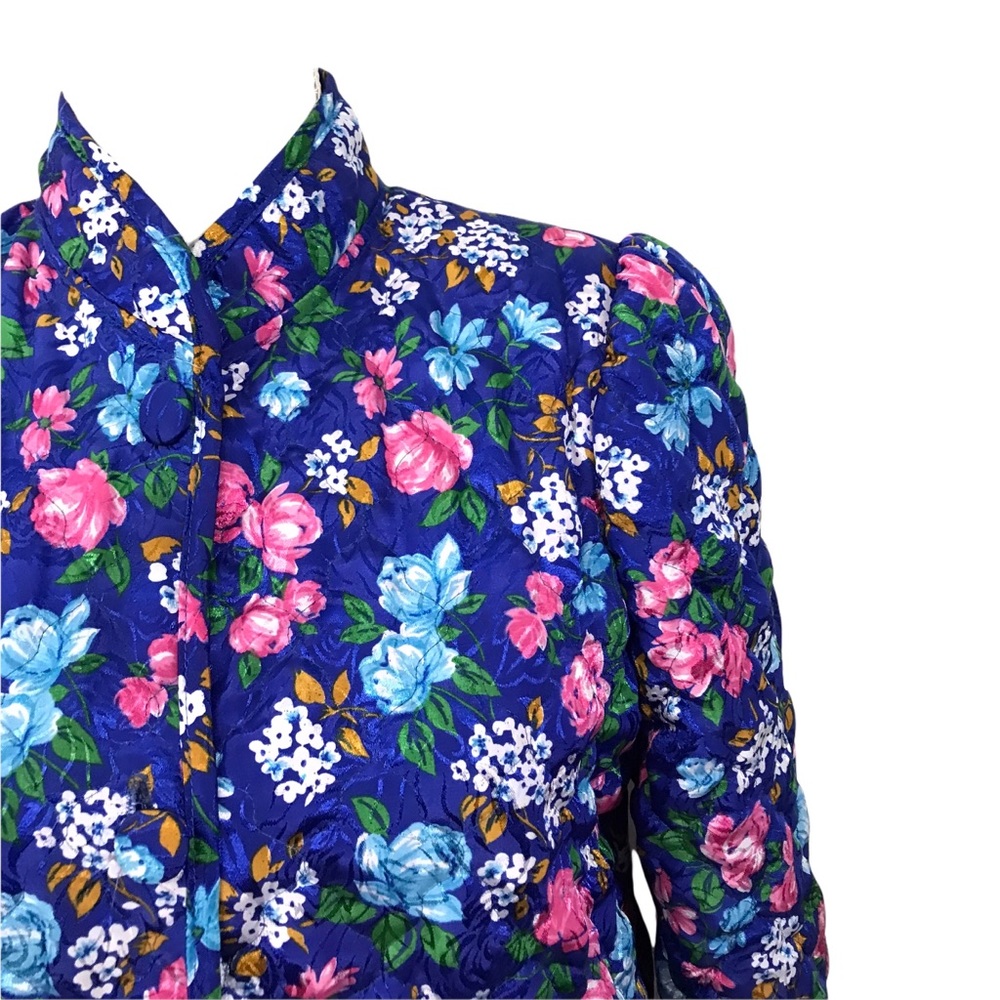 Miss Elaine S Blue Floral Long Quilted Robe Lounge Housecoat Pockets Button Up - Picture 6 of 10